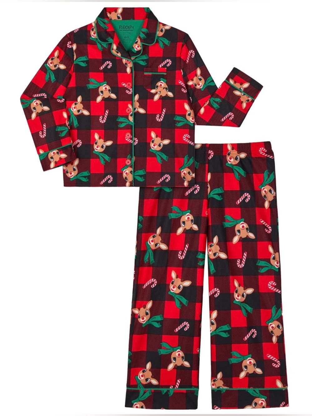 🌸NEW Kids Red Plaid Rudolf The Red Nose Reindeer Pajama Set Size Large 10-12